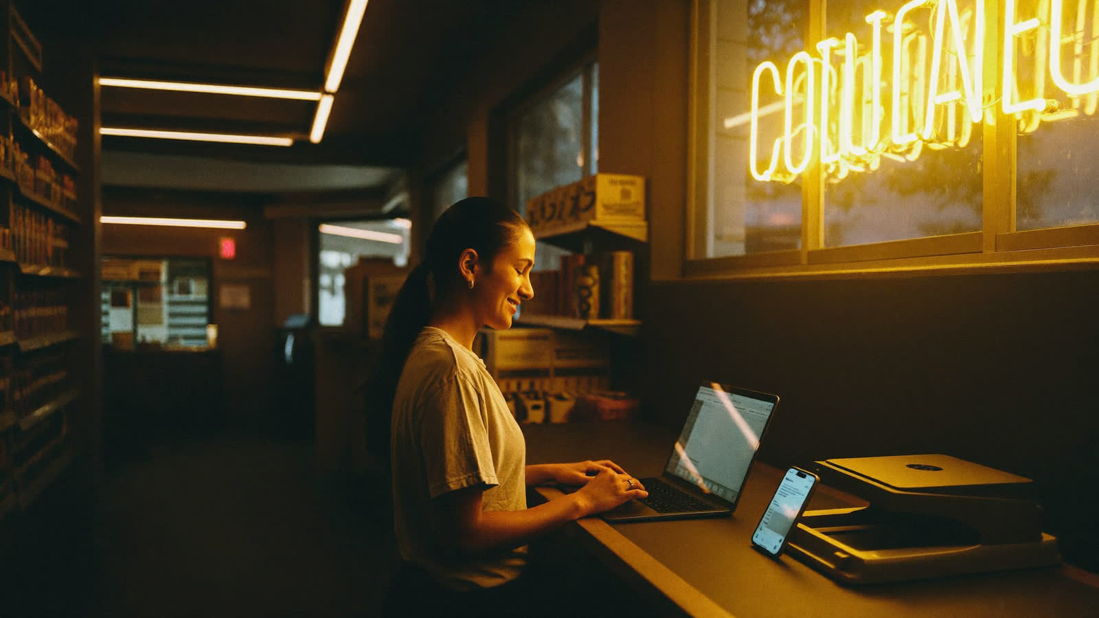 Dueña de un negocio colombiano usando su laptop en el mostrador de su tienda