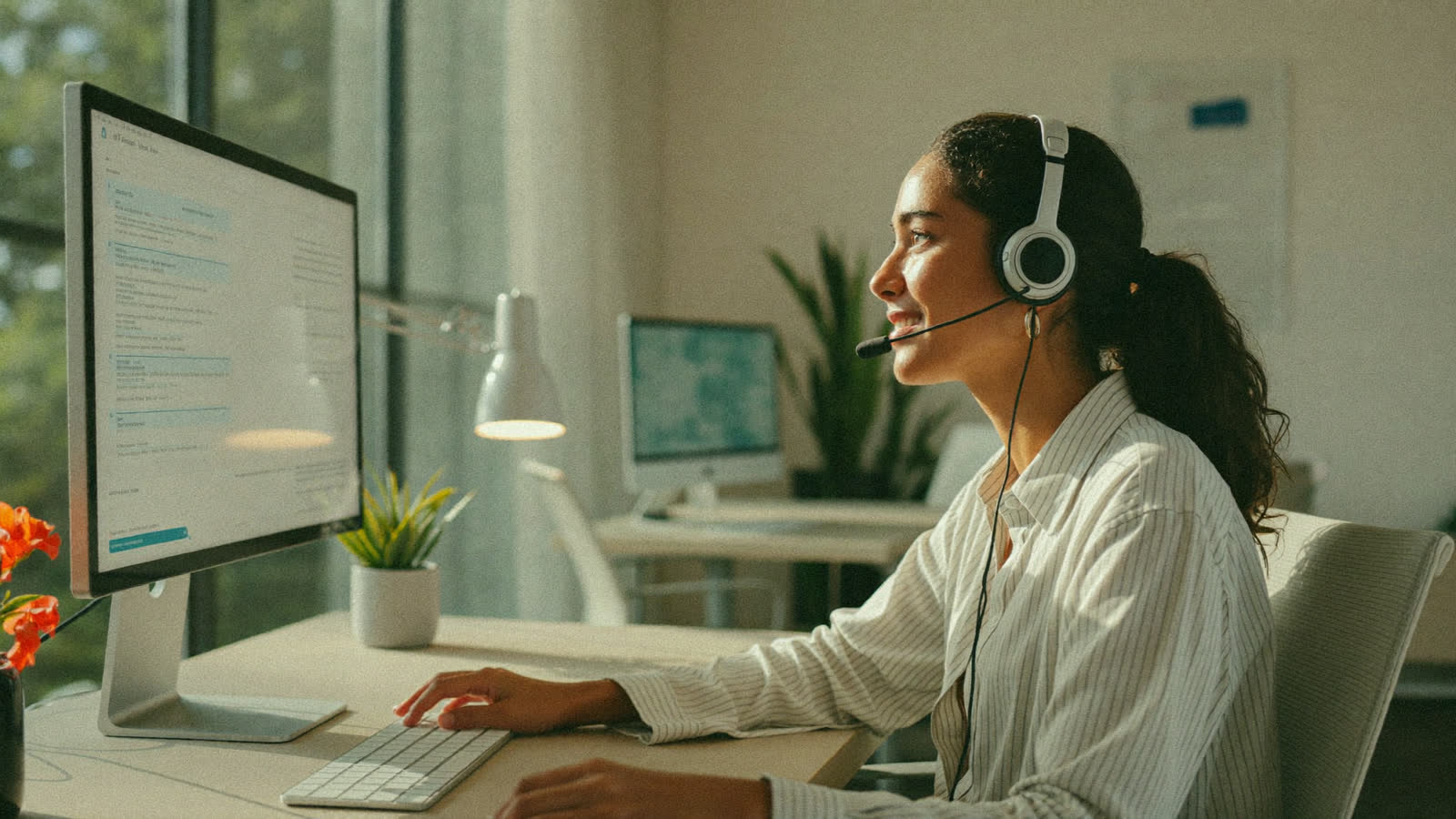 Agente de servicio al cliente con diadema sonriendo frente a conversaciones en pantalla