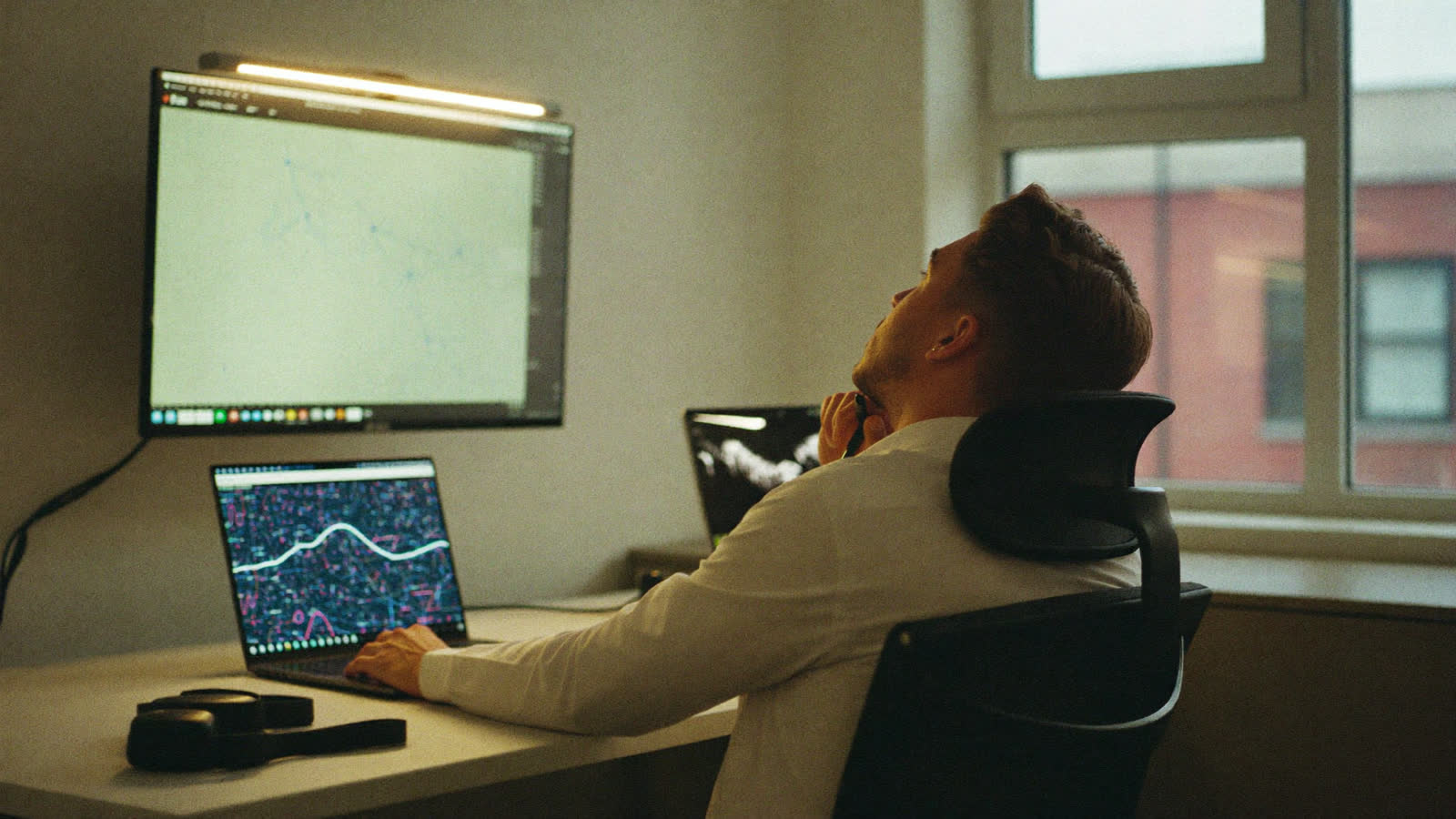 Analista estudiando un diagrama de clusters de keywords en su monitor